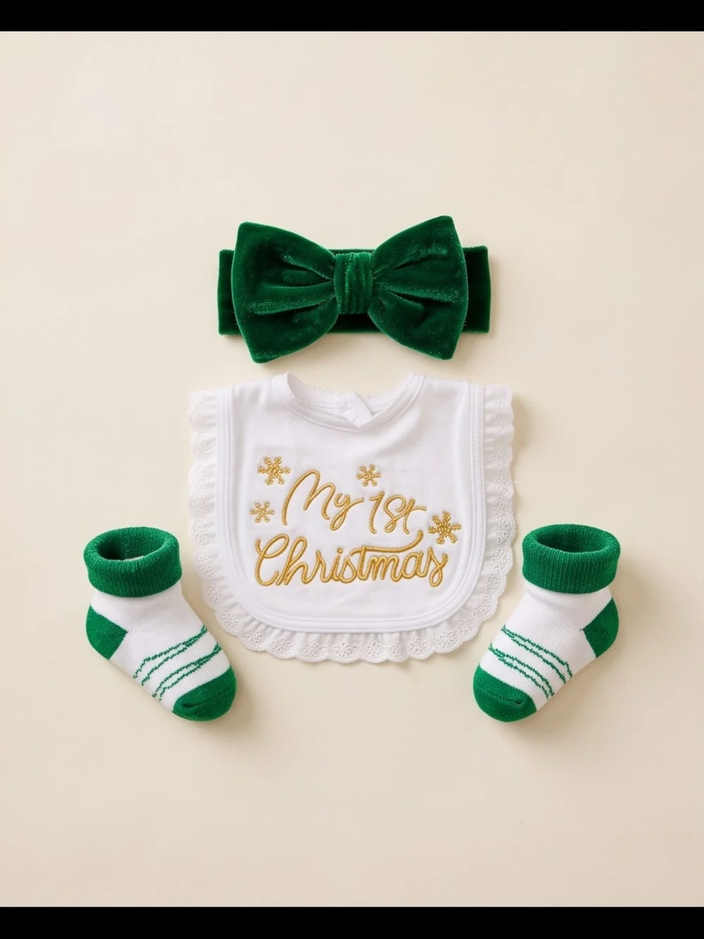 4 pcs Green Velvet Bow Headband, Socks, And Two Bibs Baby Holiday Set
